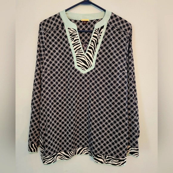 Dana Buchman Womens Navy Print Blouse with Mint Color Trim.  Size 14 - Picture 1 of 6